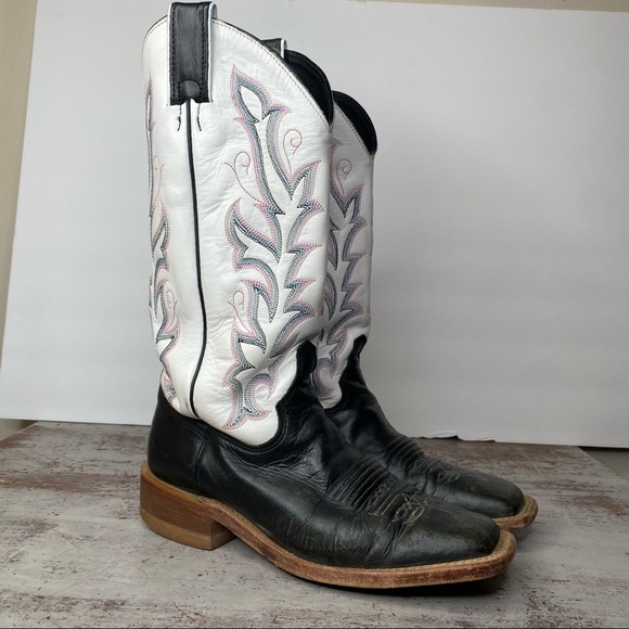 Justin Boots Shoes - Justin leather Black and White Boot 6 Square Toe Western cowboy
